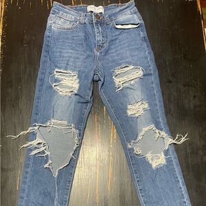 GOGO Women's Distressed Blue Boyfriend Jeans